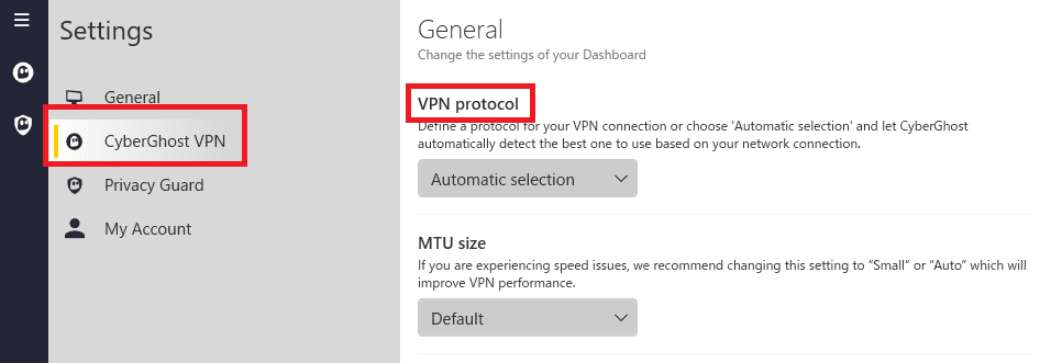 CyberGhostのVPNプロトコルを変更する