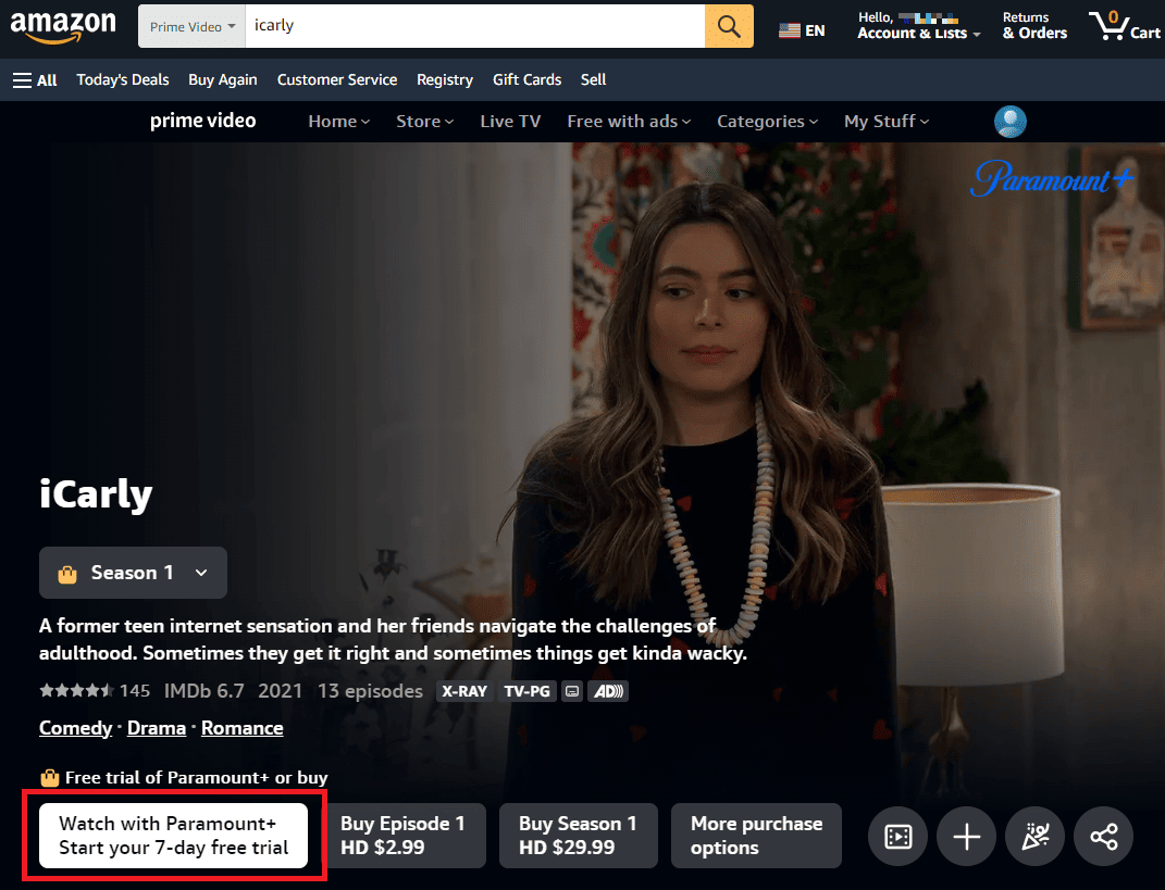 アメリカのAmazonプライムでiCarlyブースト版を選択