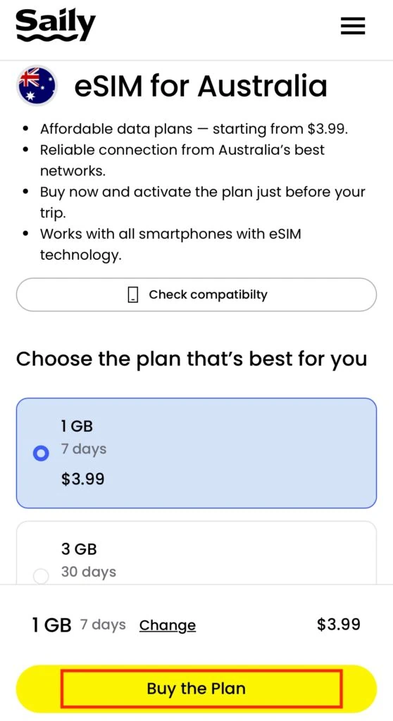 Sailyでオーストラリアのプラン購入手続き