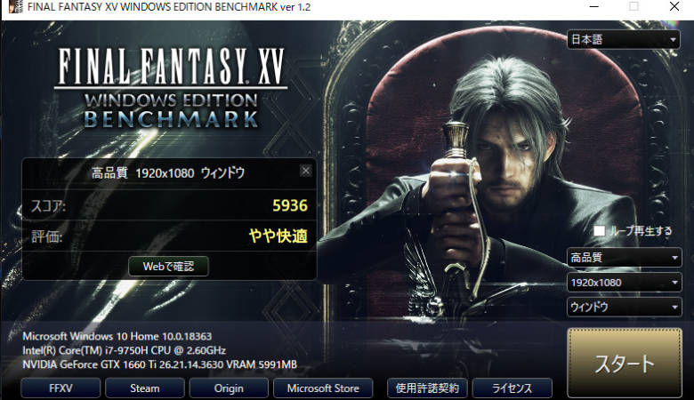 レノボLegion Y540(17)のFF15のスコア