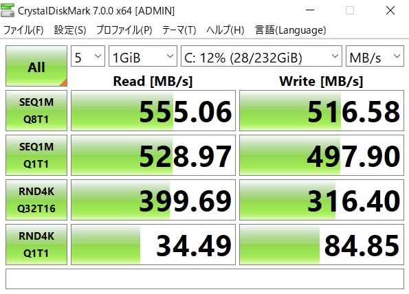 ドスパラDX-C5のSSD読み書き速度