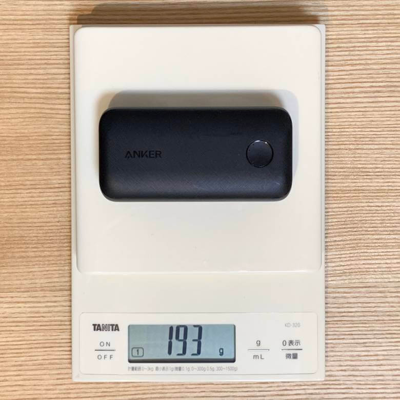Anker PowerCore 10000 PD Reduxの重さは約193g