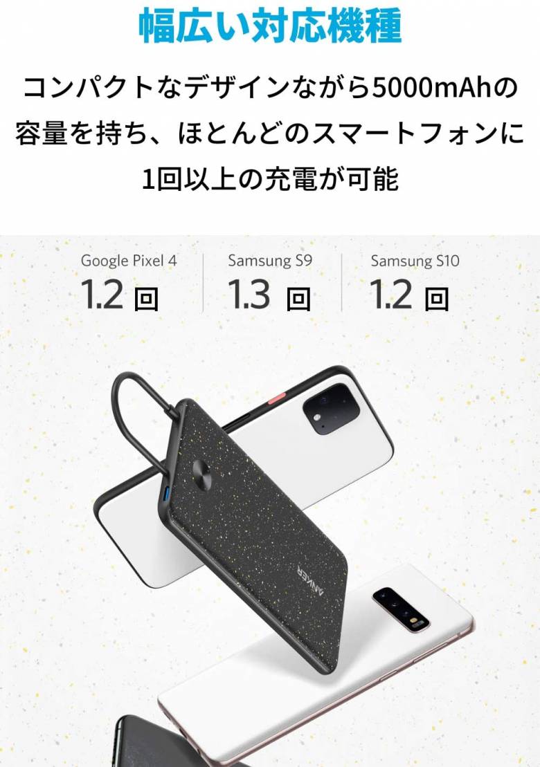 Anker PowerCore III Slim 5000 with Built-in USB-C Cableのバッテリー容量は5,000mAh