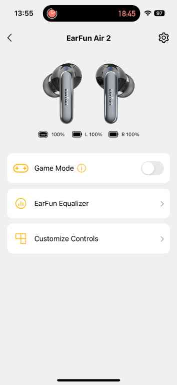 EarFun Air 2アプリのダッシュボード画面