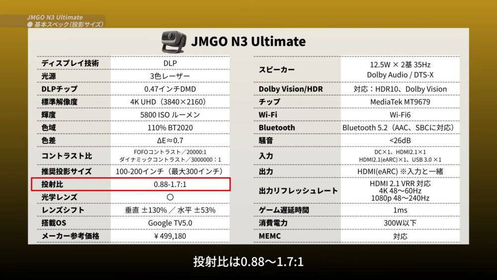 JMGO N3 Ultimate 投射比スペック
