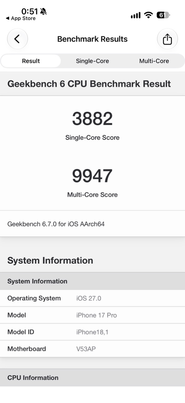 iPhone 17 ProのGeekbench 6 CPUスコア