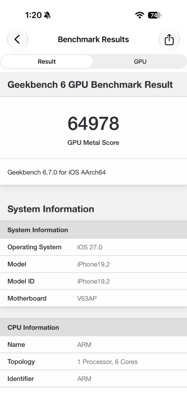 iPhone 18 ProのGeekbench 6 GPUスコア